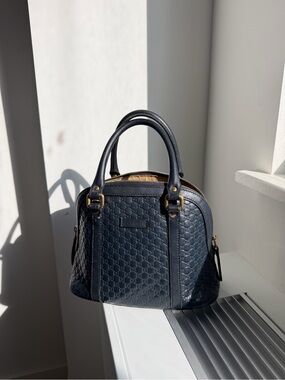 Gucci Navy Microguccissima Leather Dome Satchel with Gold Hardware